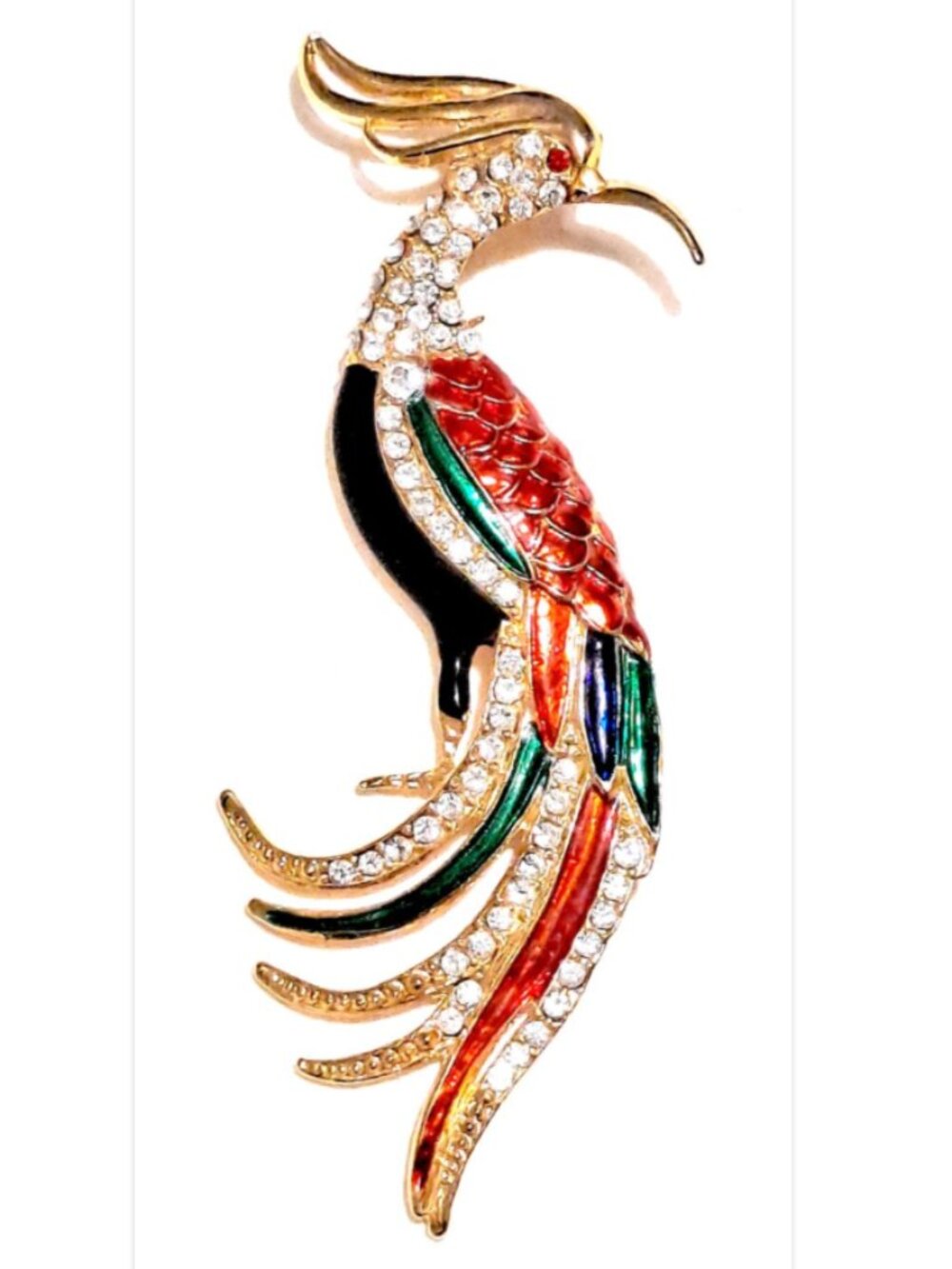 Large Bird of Paradise Brooch Pin Gold Tone Enamel Rhinestone 4”